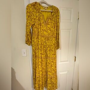 DR2 Mustard Yellow Floral Boho Maxi Dress | Long Sleeve | Size S